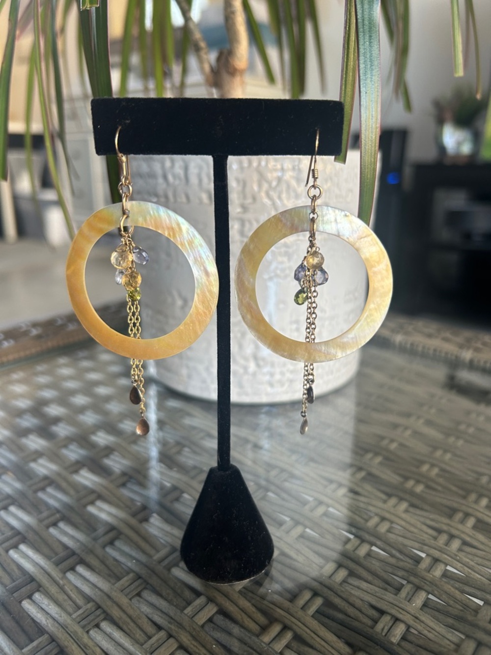Handmade Mother-of-Pearl Hoop Earrings with Bead Tassels - Gold Tones